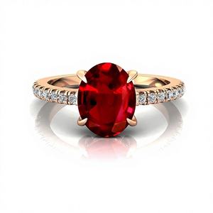 Anillo Solitario de Oro de 14k con Rubí Ovalado Cultivado en Laboratorio y Diamante Natural, Anillos de Compromiso y Boda de Alta Calidad, OEM ODM - Product Image 1