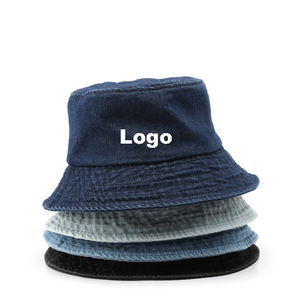 High Quality Solid Distressed Denim Fabric Bucket <b>Hat</b> with Embroidery Customized Logo 100% Cotton Breathable Four Seasons Unisex - Product Image 1
