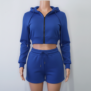 Nouveau design – Ensemble sweat à capuche court zippé et short taille mi-haute en molleton 100 % coton avec poches passepoilées, manches longues, coupe classique – Tenue quotidienne pour fille - Product Image 5