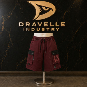 Oxblood Y2K Baggy Cargo Shorts Men / Hombre Oversized Utility Drawstring Waist Rhinestone Pocket Streetwear Low MOQ Wholesale - Product Image 1