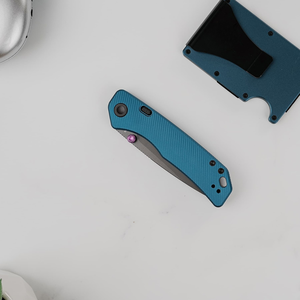 Couteaux pliants à manche bleu turquoise, lame grise, poignée en métal côtelé, ouverture manuelle, coupe-ustensiles portable pour l'extérieur - Product Image 2