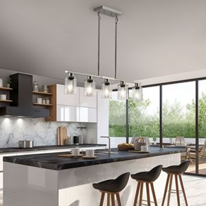 Lampadario a sospensione contemporaneo da 37 pollici per isola cucina, 5 luci, nichel spazzolato, paralumi in vetro trasparente, per sala da pranzo e stile rustico - Product Image 1