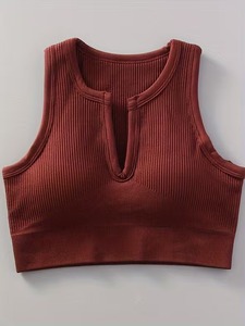 Débardeur de sport côtelé pour femme avec fente frontale, soutien-gorge de compression intégré, coussinets amovibles, idéal pour l'entraînement aérobie et la performance - Product Image 1