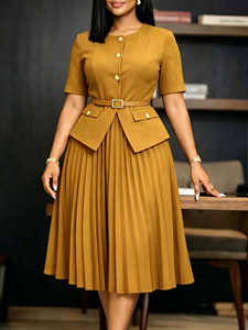 SE11450 Africa Summer New Round Neck Pleated Faux Two-Piece Solid Color Plus Size Dress - Product Image 5