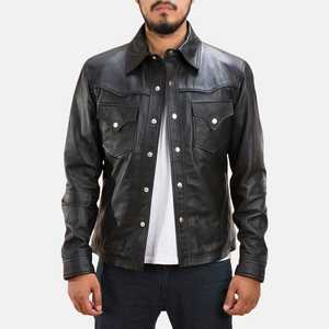 Men's Black Genuine Leather Shirt Jacket With <b>Button</b> Closure Turn-down Collar Casual Style Autumn Wear - Product Image 3