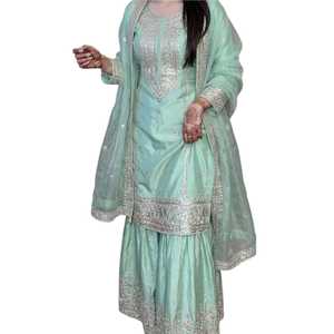 Élégante robe indienne et pakistanaise 3 pièces vert menthe avec broderie argentée, tenue de mariage traditionnelle pour femmes, longueur genou - Product Image 1