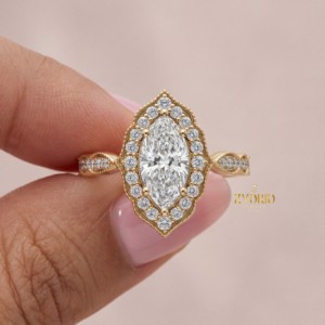 Marquise Cut Halo Ring 14K Gold Vintage Engagement Ring Fine Jewelry Milgrain Diamond Ring Luxury Bridal Gift - Product Image 4