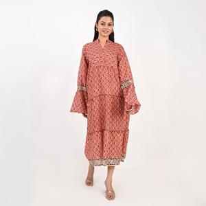 Boho Printed 100% Cotton Maxi <b>Dress</b> V-neck Long Sleeve Geometric <b>Pattern</b> Regular Fit <b>A</b>-<b>Line</b> Silhouette Casual Summer Wear - Product Image 1
