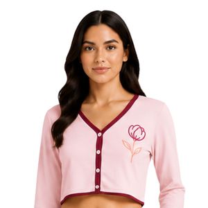 Ensemble de pyjama court pour femme, rose clair et bordeaux, manches longues, broderie florale, en coton doux tricoté, vêtements de détente, OEM - Product Image 3