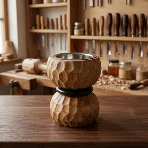 Soporte de madera tallada para quemador de incienso con forma de reloj de arena, anillo decorativo azul y copa metálica para aromas - Product Image 4