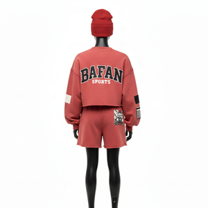 Conjunto de Sudadera y Pantalones Cortos de Felpa de Algodón Premium para Mujer, 100% Algodón, 300 GSM, Tela Suave Cepillada, Panel con Parche, Logotipo Personalizado - Product Image 2