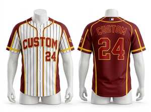 Camiseta de Béisbol Personalizada para Hombre, Roja con Rayas Doradas, con Botones, Sublimada, Transpirable, Corte Regular, Manga Corta, para Adultos - Product Image 1