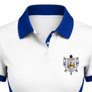 Women's White and Royal Blue Polo <b>Dress</b> <b>Short</b> <b>Sleeve</b> Contrast Collar Athletic Uniform <b>Shirt</b> with Side Panels and Chest Crest Top - Product Image 2