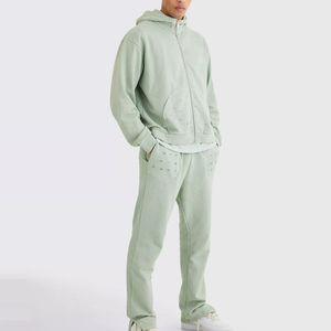 Chándal con Capucha para Hombre, Color Verde Claro, Manga Larga, Color Sólido, Estilo Casual, Cierre de Cremallera, Bolsillos Laterales, Transpirable, de Algodón, Estilo Primavera - Product Image 2