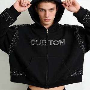 Street Casual Factory Wholesale Black <b>Studded</b> Zip up Cropped Oversized Customizable <b>Men</b> Hoodies - Product Image 6