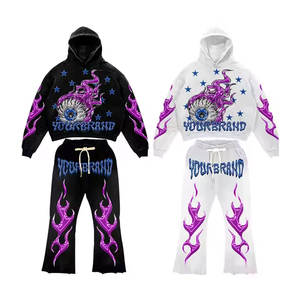 Ensemble de survêtement évasé personnalisé pour homme, style streetwear, avec impression 3D en relief, comprenant un sweat à capuche et un pantalon de jogging, à ourlet brut, motif graphique, décontracté - Product Image 1