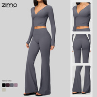 Ensemble XL personnalisé OEM : Haut de yoga à col en V et manches longues, pantalon évasé taille haute, respirant, séchage rapide, léger et écologique