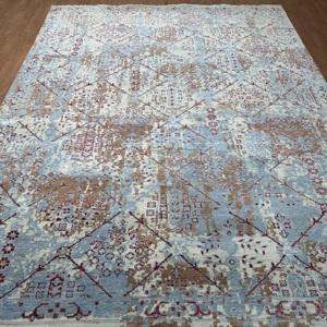 Tapis géométrique en soie bleu ciel noué à la main de 8x10 pieds pour salon - Product Image 5