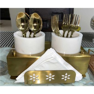 Juego de Cubiertos de Lujo en Oro con Soporte de Mármol, Organizador de Cucharas y Tenedores de Metal, Porta Servilletas, Vajilla Decorativa Moderna para Cocina - Product Image 1