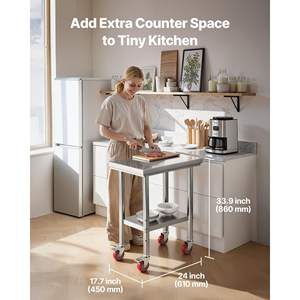 24 X 18 Inches Stainless Steel Commercial Kitchen Worktable Adjustable Undershelf Prep <b>Table</b> <b>Wheels</b> <b>for</b> Food Prep Outdoor Use - Product Image 2