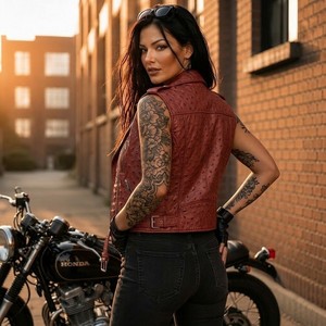 Gilet d'été pour femme en cuir crocheté style motard avec ceinture et fermeture éclair, coupe ajustée - Product Image 2