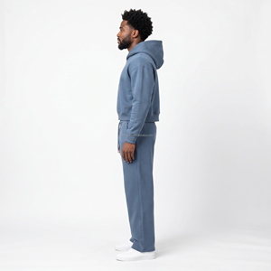 Ensemble survêtement décontracté bleu pour homme : sweat à capuche et pantalon de survêtement couleur unie, coupe droite, avec cordon de serrage et poches, longueur intégrale - Product Image 3