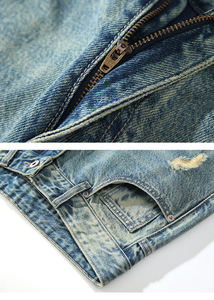 Jean déchiré délavé pour homme, taille mi-haute, en denim durable de haute qualité, style usé, coupe baggy à chevilles étroites, couleur unie, pour l'automne - Product Image 4