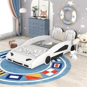 White Twin Size Race Car Shaped Platform Bed with Wheels for Kids' Rooms - Product Image 1