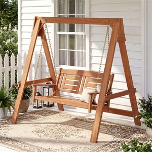 Dondolo da Veranda in Legno Massello per 2 Persone con Supporto, Capacità 800 LBS, Sedia a Dondolo a Uovo in Metallo per Esterni, Patio, Giardino, Bordo Piscina o Balcone - Product Image 2