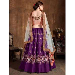 ด้ายสีม่วงที่สวยงามทำงานผ้าไหมดิบ lehenga choli กับ dupatta - Product Image 3