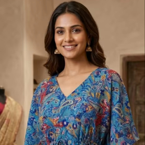 Kaftan imprimé en crêpe pour femme – Taille unique, élégant, idéal pour la détente et la plage - Product Image 1