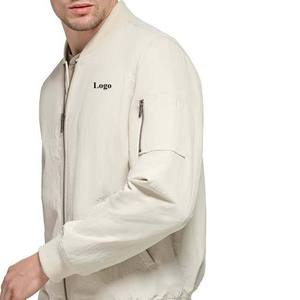 <b>Men's</b> <b>Cream</b> Bomber <b>Jacket</b> Stand Collar Zipper Closure Casual Style Polyester Solid Color Front Logo - Product Image 5