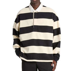 Custom Men's Embroidery Patch Logo Knitted Rugby Shirt Casual Oversized Long Sleeve 100% Cotton Breathable Striped <b>Polo</b> - Product Image 5