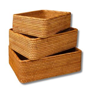 Durable Rectangular Wicker RATTAN <b>BASKET</b> / <b>TRAY</b> 3-Piece Perfect for Bread, Pastries and Kitchen Organization - Product Image 1
