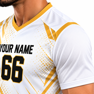 Diseño contemporáneo de uniforme de fútbol blanco con detalles dorados y pantalones cortos negros para ropa deportiva de equipo - Product Image 6
