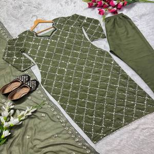 Ensemble haut et pantalon VASTRA COTTAGE en faux georgette avec broderie de sequins faite à la main, manches en dentelle fantaisie Moti, micro-dentelle intérieure - Product Image 6