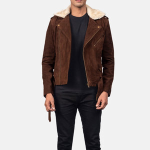 <b>Men's</b> Brown <b>Suede</b> Motorcycle <b>Jacket</b> With Faux Fur Lining Zipper Closure Winter Moto Biker Style Slim Fit - Product Image 1