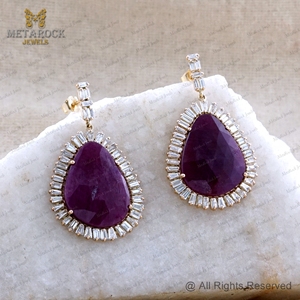 Pendientes Colgantes Hechos a Mano con Diamantes Baguette Naturales, Oro de 14k y Rubí Natural, Joyería Fina al por Mayor - Product Image 6