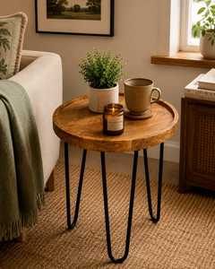 Table d'appoint ronde en bois de manguier de qualité supérieure avec bord surélevé et pieds en métal pour une décoration intérieure contemporaine - Product Image 5