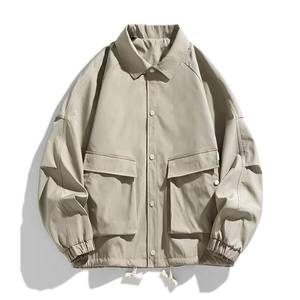 Men's Khaki Casual Shirt Jacket Turn-down Collar Regular Sleeve Polyester Windproof Autumn Wear Solid Color Pockets Loose Fit - Product Image 2