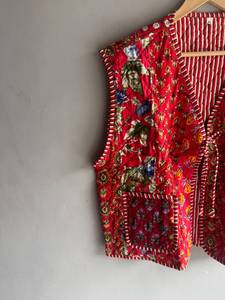 Gilet matelassé en coton rouge à fleurs pour femme, sans manches, col en V, poches plaquées, veste réversible, style printemps, CADEAU POUR ELLE - Product Image 2