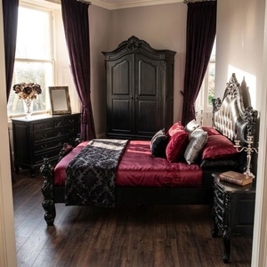 Meubles de chambre à coucher rococo peints en noir, capitonnés en cuir, avec tête de lit capitonnée, pour maison et hôtel de style français - Product Image 2