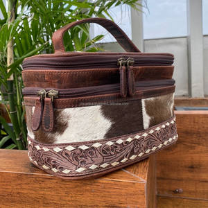 Newest 2024 Luxury Hand <b>Tooled</b> Floral Travel Cosmetic Bag for Women's Western Hair on Cowhide Multifunction Makeup Organizer Bag - Product Image 2