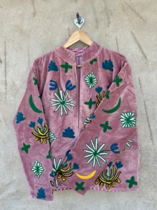 Blue <b>Velvet</b> Handmade Embroidered Floral Vintage Winter Bomber <b>Jacket</b> for Unisex with Cotton Lining Breathable Woven - Product Image 5