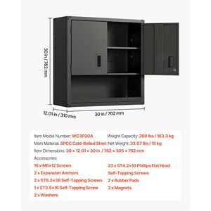 Armadio a Muro in Metallo con Ripiani Regolabili 30W X 12.01D X 30H Pollici, Armadietto Galleggiante in Acciaio con Ante Bloccabili per Garage - Product Image 3