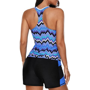 Women's <b>Blue</b> Geometric Print Tankini Swimwear <b>Set</b> Deep V Neck Tummy Control Shapewear Shorts <b>Bikinis</b> & Beachwear - Product Image 4
