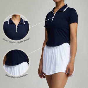 Camiseta de golf para mujer, con rayas blancas, tejida, con media cremallera frontal, manga corta, top deportivo corto - Product Image 4