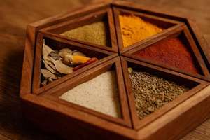 Traditional Wooden Masala Dabba with Geometric Multi Compartment Design Hinged Lid for Organized Spice and Seasoning Storage <b>Box</b> - Product Image 4