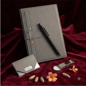 Grey Leatherette A5 Executive <b>Notebook</b> Gift <b>Set</b> With Pen Keychain Card Holder Custom Logo Office Use - Product Image 1