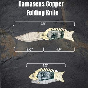 New Brand <b>Copper</b> Damascus Fish Hand Forged Thumb <b>Knob</b> Folding Knife W/Steel Engraved Green Honey Comb Handle EDC Hunting Knives - Product Image 2